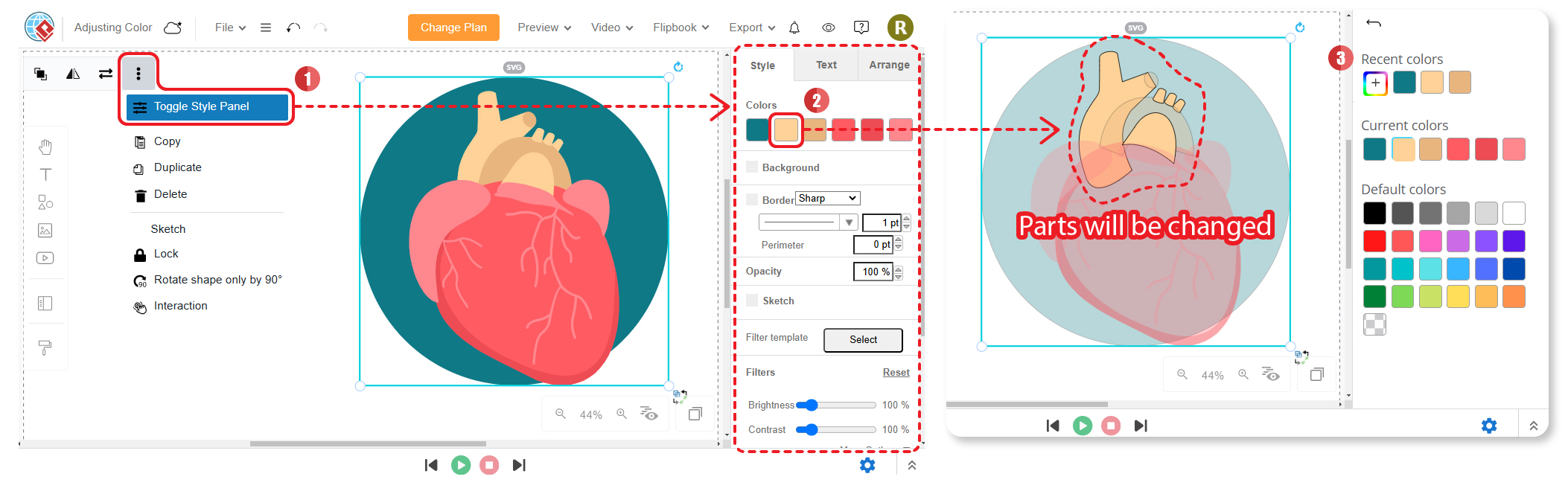 Steps of editing color of 2D elements easily