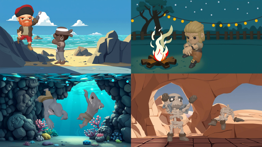 4 examples of scenes with Pirate Kit character family.