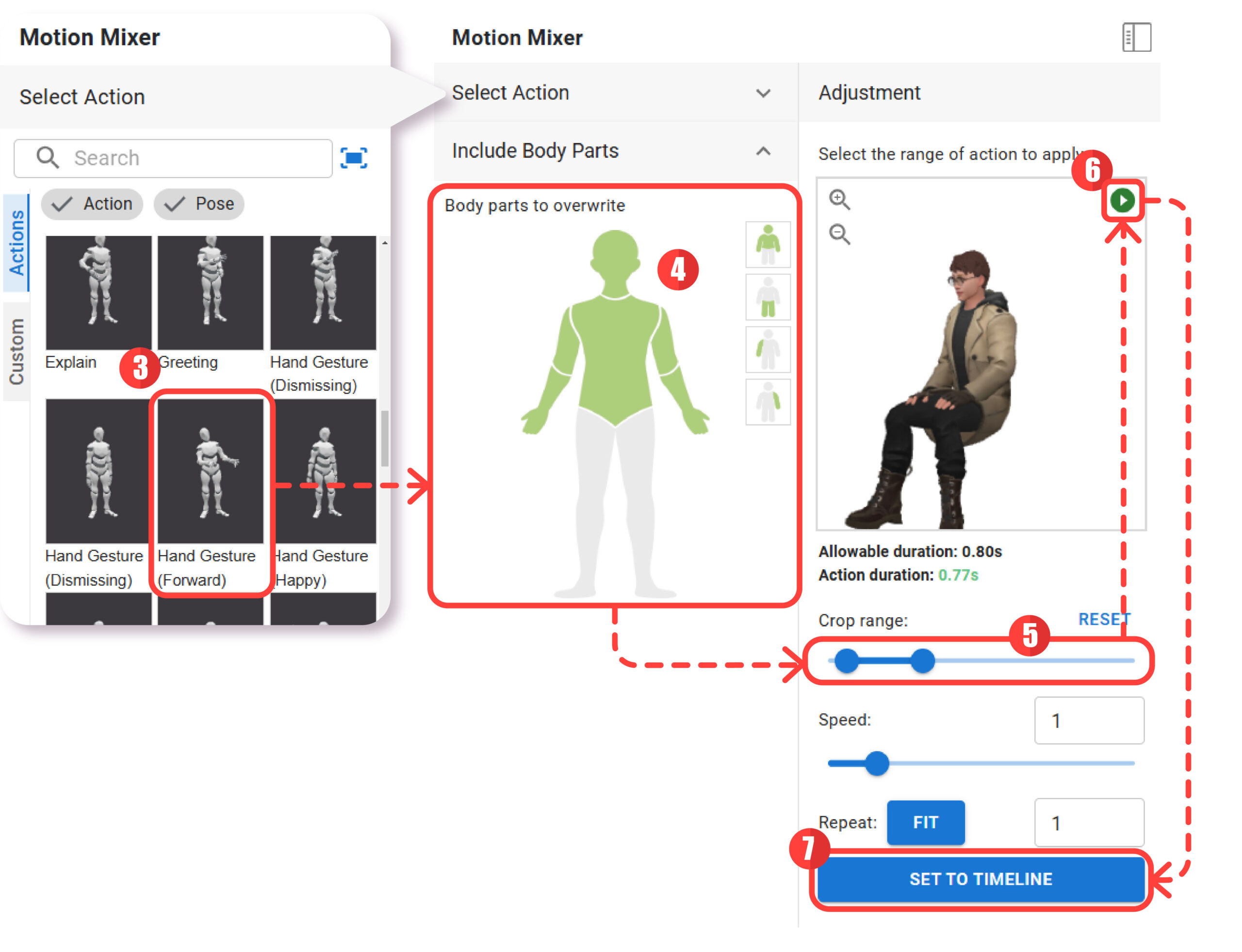 Image showing the steps of using motion mixer, including the action select and overwrite part selection, and the speed and range adjustment.