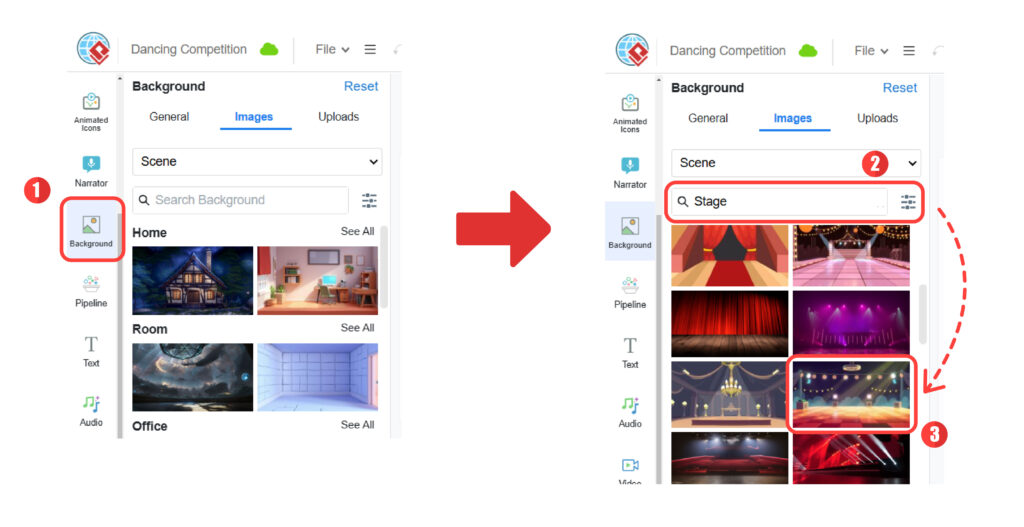 Steps of searching and applying the scene background to the animation.