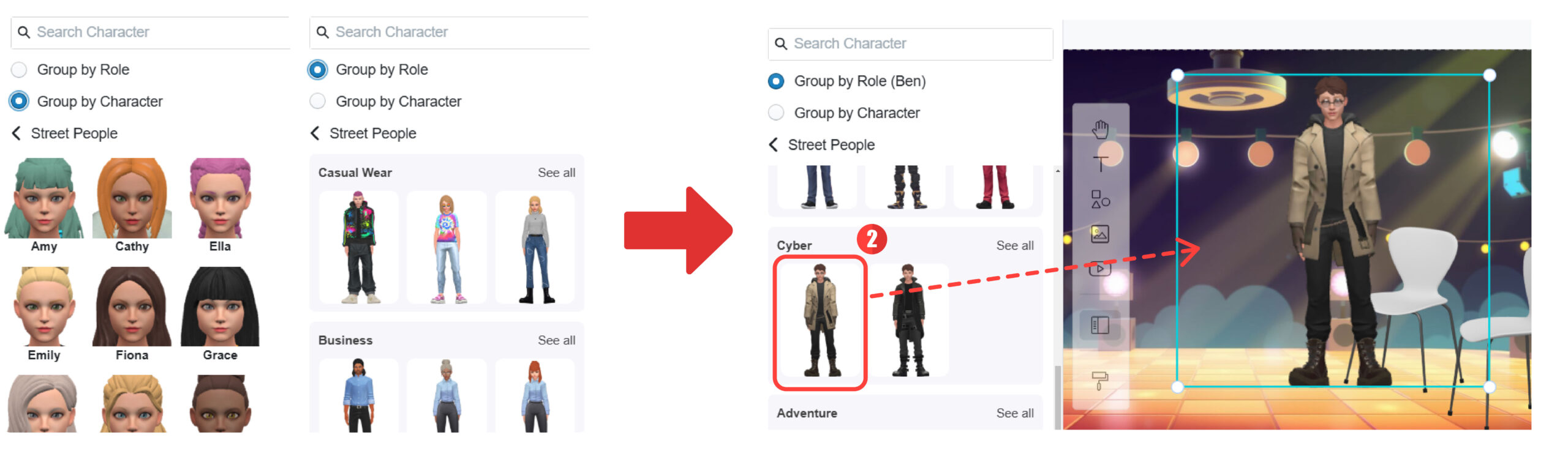 Showing the flow we pick the character, then drag and drop to add the character to the scene.