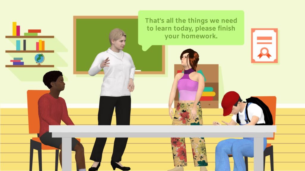 A screenshot of 3d realistic character template showing a teacher speaking with the students in a classroom