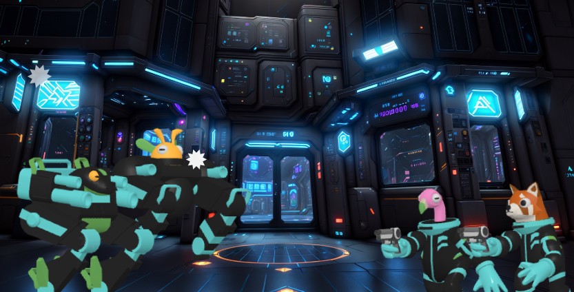 A fight scene of various cartoon astronauts in a spaceship of a 3d character template with AniFuzion