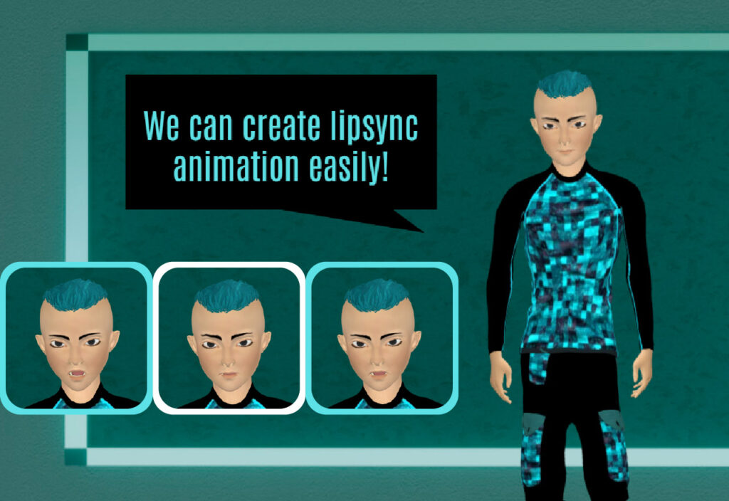 Example of a character using the lipsync feature, showing several examples of how his mouth will move.