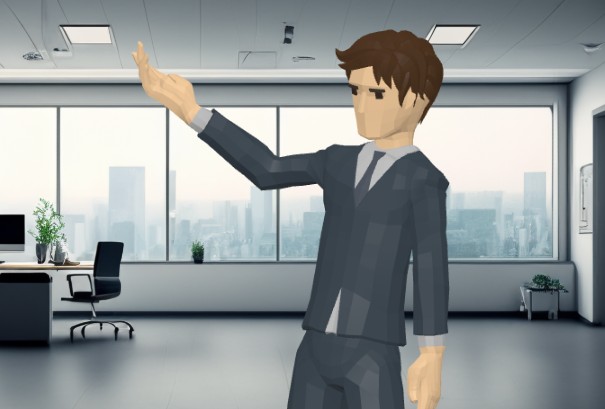 A screenshot from an animation template showing a businessman doing presentation with raising his hand and arms