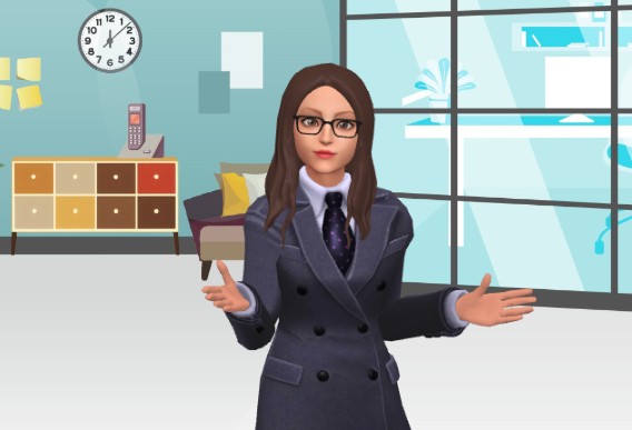 A screenshot from an animation template showing a businesswoman explaining his work duty with gestures