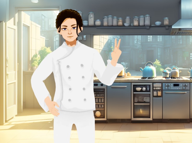 A screenshot from an animation template showing a chef introducing his job by using professional gestures