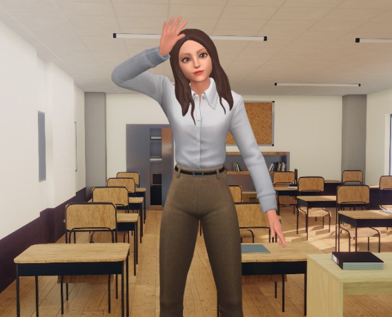 A screenshot from an animation template showing a woman greeting with the audience by waving her arm