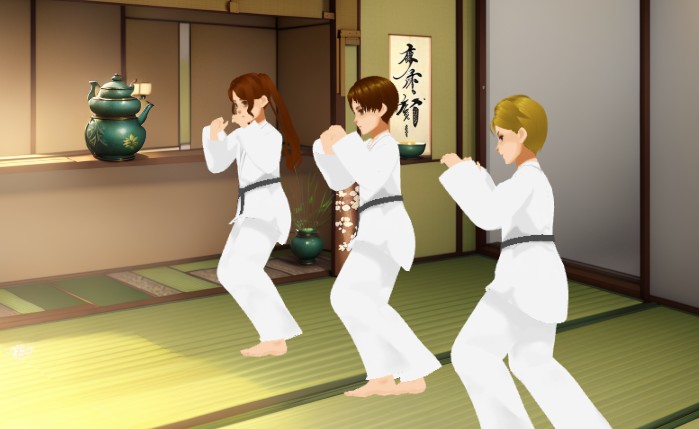 A screenshot from an animation template showing the kids making a fight pose in a taekwondo learning class