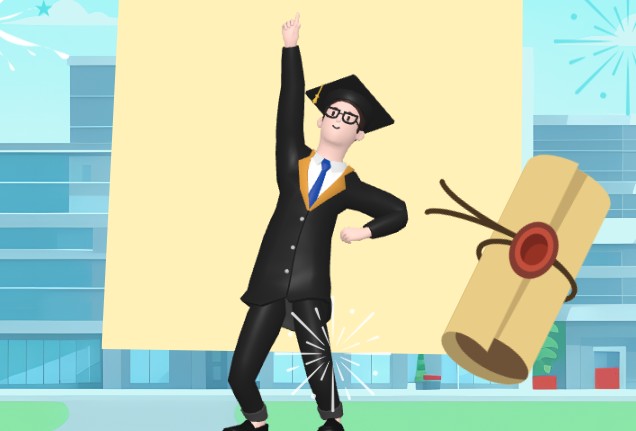 A screenshot from an animation template with a man showing happy expression by raising his arm