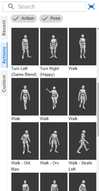 Examples of walking actions for the 3D characters, shown by different preview animation.