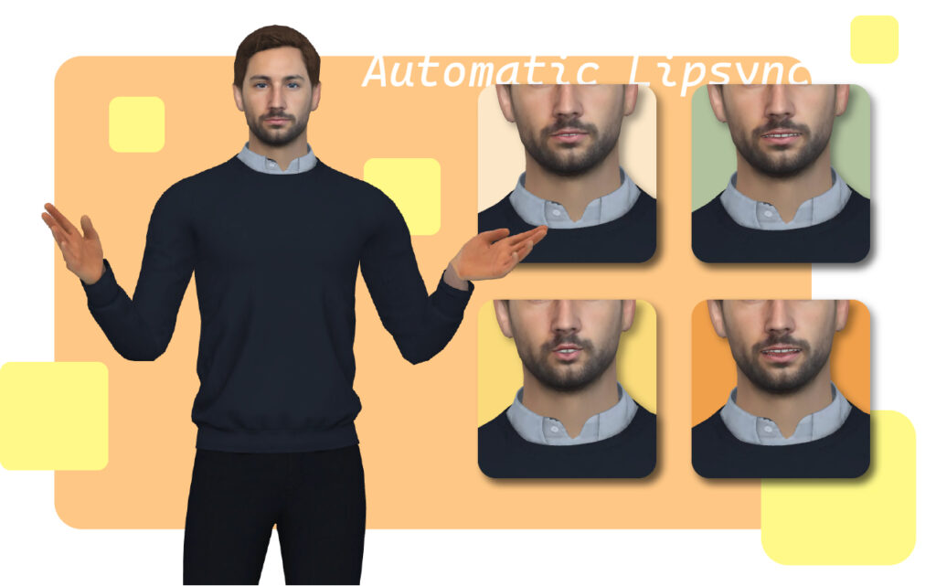 Display how the automatic lipsync works by showing different mouth movement of a character.