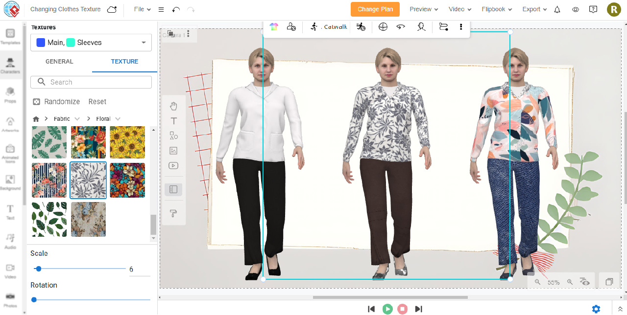 Screenshot showing how to customized the clothes texture of 3d characters.