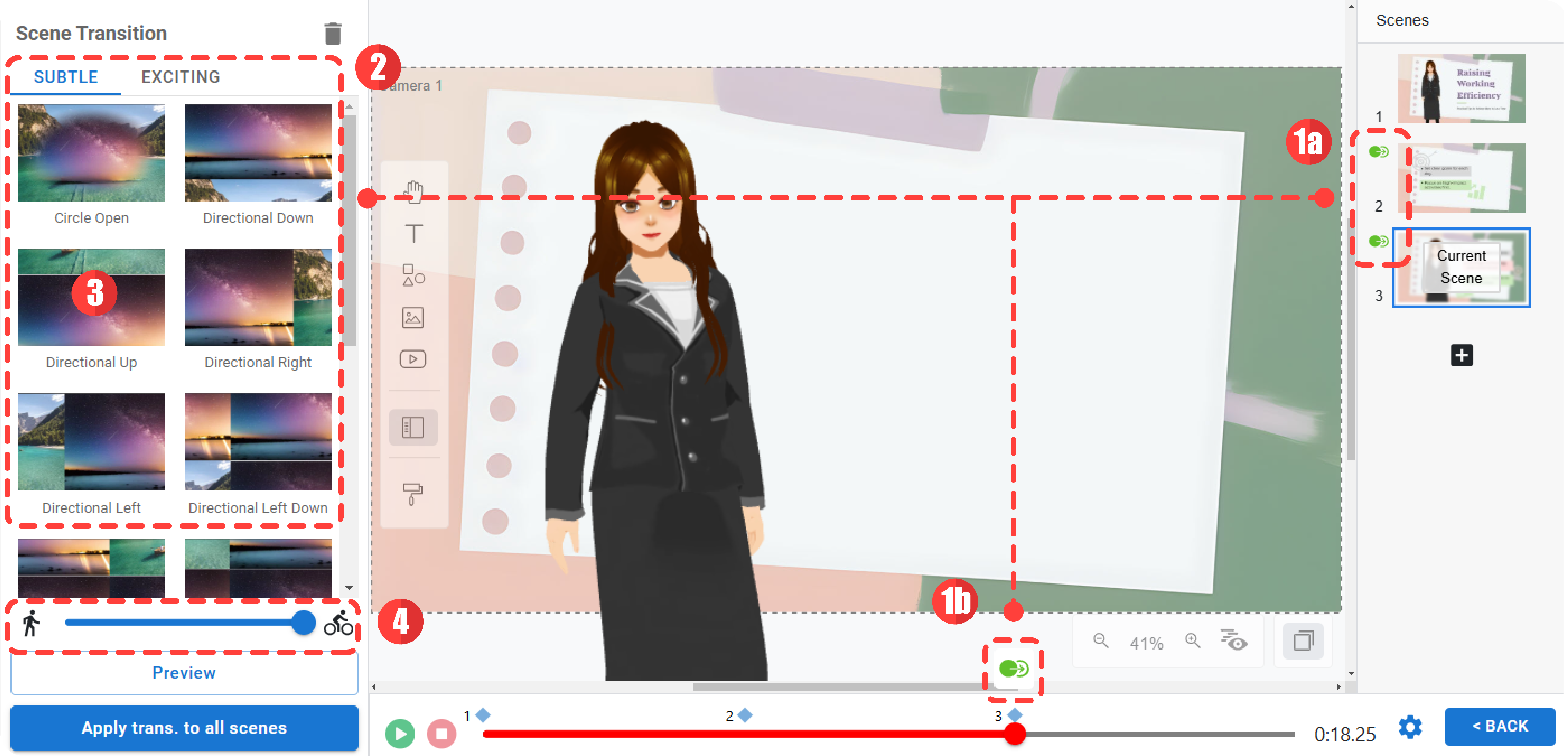 Steps to apply the scene transition effects to the animation